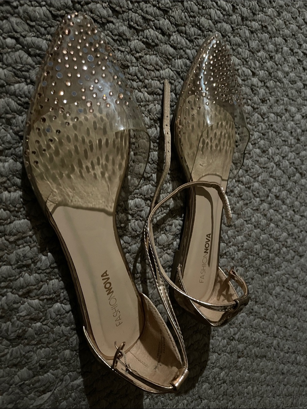 Fashion Nova Clear Pointed Flats with Rose Gold Trim and Studs